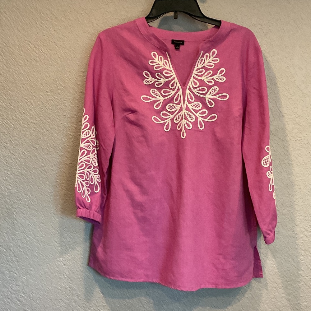 Talbots Linen Pink Tunic with White Embroidery